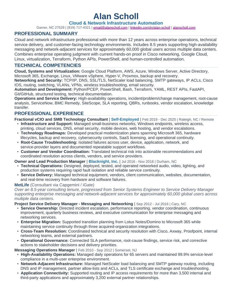 Preview thumbnail of Alan Scholl’s cloud and network infrastructure résumé